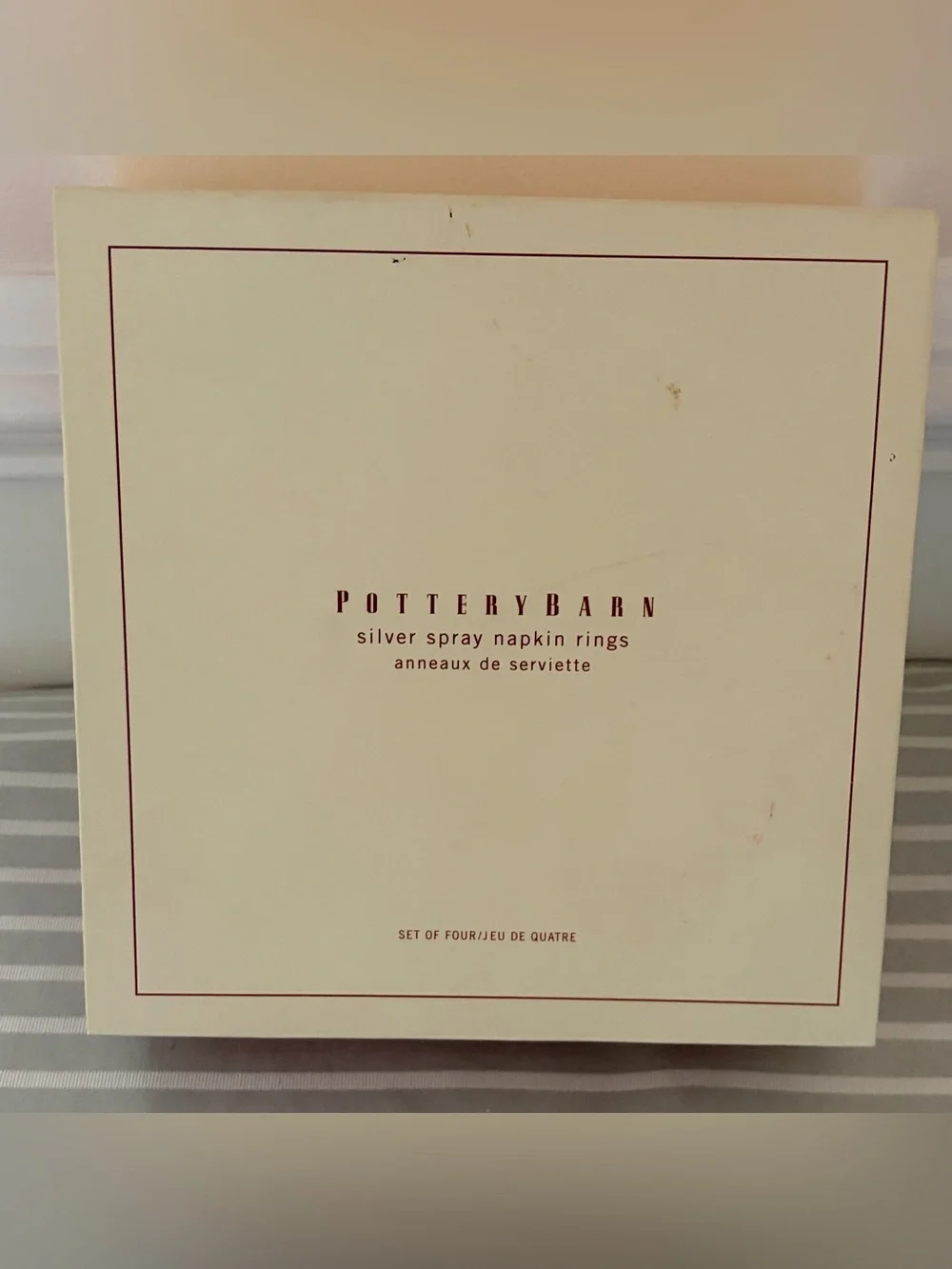 Pottery Barn Napkin Rings In Box Set Of Four Silver Spray NWT Original Box